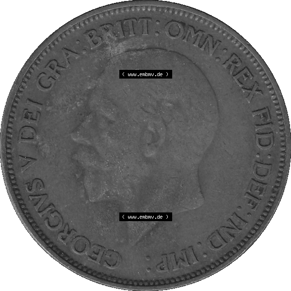 Grau bzw. s/w Alte Münze Großbritannien Umlaufmünze One Penny, 1 Pence 1928-1936, 1 One Penny, 1935-01, George V. BM GEORGIVS V DEI GRABRITTOMNREX FIDDEFINDIMP Graustufen.... Sammlung Graustufen