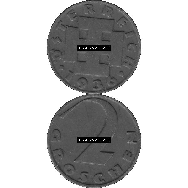 Grau bzw. s/w Alte Münze 2 / Zwei Groschen Österreich in original Farbgebung von Scanner transparenten PNG 1925-1938, 2 Zwei Groschen, Krückenkreuz 1936-02. Vorderseite und Rückseite... Sammlung Graustufen