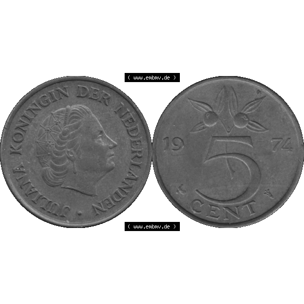 Grau bzw. s/w Alte Münze Niederlande in Grau 1950-1980, 5 Cent Königin Juliana 1974-01 Graustufen. Vorderseite und Rückseite horizontal auf einen digitalen grauen / Graustufen Bild der... Sammlung Graustufen