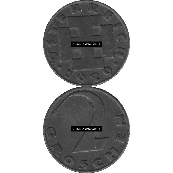 Grau bzw. s/w Alte Münze 2 / Zwei Groschen Österreich in original Farbgebung von Scanner transparenten PNG 1925-1938, 2 Zwei Groschen, Krückenkreuz 1929-01. Vorderseite und Rückseite... Sammlung Graustufen