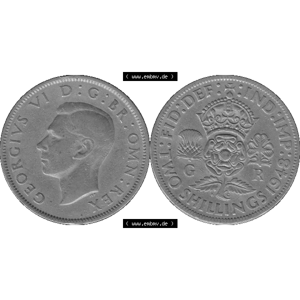 Grau bzw. s/w Alte Münze Großbritannien, Bild in Farbe bzw. Color PNG-Grafik, Umlaufmünze aus dem Zeitraum 1947-1948, 2 Schilling-Florin, Two Shillings, 1948-06,... Sammlung Graustufen