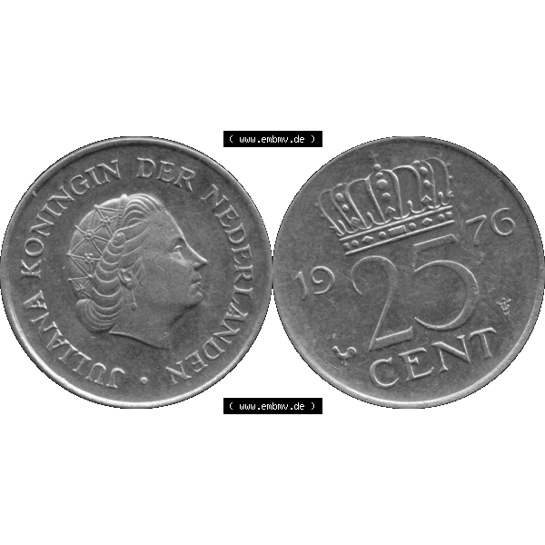 Grau bzw. s/w Alte Münze Niederlande in Grau 1950-1980, 25 Cent Königin Juliana 1976-01 Graustufen. Vorderseite und Rückseite horizontal auf einen digitalen grauen / Graustufen Bild der... Sammlung Graustufen