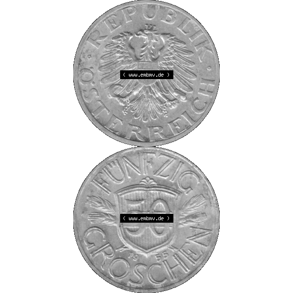 Grau bzw. s/w Alte Münze aus Österreich als PNG-Grafik 1946-1955, 50 Groschen 1955-01. Vorderseite und Rückseite der 50 Groschen Münze vertikal auf einen digitalen Bild der alten österreichischen... Sammlung Graustufen