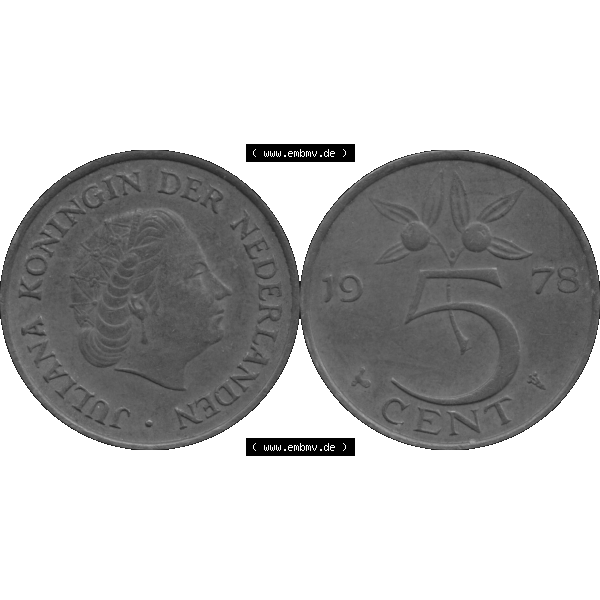 Grau bzw. s/w Alte Münze Niederlande in Grau 1950-1980, 5 Cent Königin Juliana 1978-01 Graustufen. Vorderseite und Rückseite horizontal auf einen digitalen grauen / Graustufen Bild der... Sammlung Graustufen