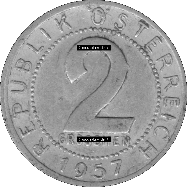 Grau bzw. s/w Alte Münze aus Österreich als PNG-Grafik 1950-1994, 2 Groschen 1957-01. Rückseite der alten 2 Groschen Umlaufmünze aus Österreich, Münze wurde vor dem Euro... Sammlung Graustufen