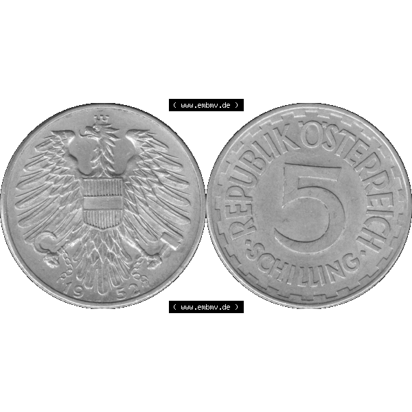 Grau bzw. s/w Alte Münze aus Österreich als PNG-Grafik 1952-1957, 5 Schilling 1952-01. Vorderseite und Rückseite der 5 Schilling Münze horizontal auf einen digitalen Bild der alten österreichischen... Sammlung Graustufen