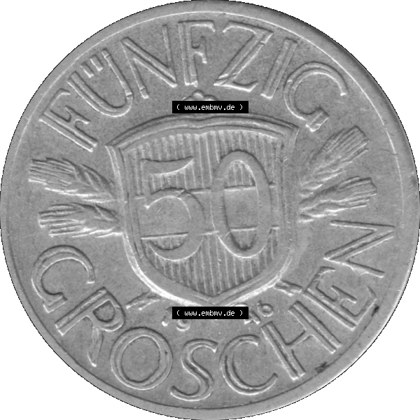 Grau bzw. s/w Alte Münze aus Österreich als PNG-Grafik 1946-1955, 50 Groschen 1946-01. Rückseite der alten 50 Groschen Umlaufmünze aus Österreich, Münze wurde vor dem... Sammlung Graustufen