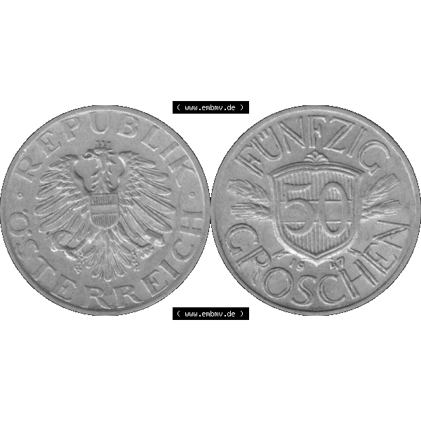 Grau bzw. s/w Alte Münze aus Österreich als PNG-Grafik 1946-1955, 50 Groschen 1947-01. Vorderseite und Rückseite der 50 Groschen Münze horizontal auf einen digitalen Bild der alten österreichischen... Sammlung Graustufen