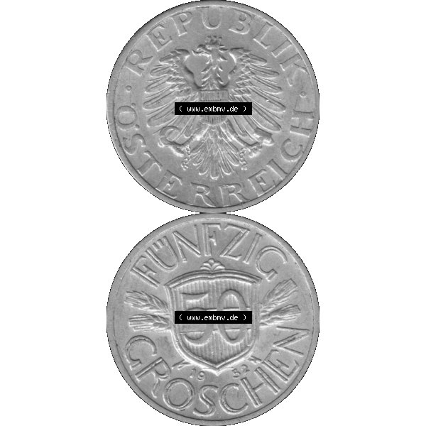 Grau bzw. s/w Alte Münze aus Österreich als PNG-Grafik 1946-1955, 50 Groschen 1952-01. Vorderseite und Rückseite der 50 Groschen Münze vertikal auf einen digitalen Bild der alten österreichischen... Sammlung Graustufen