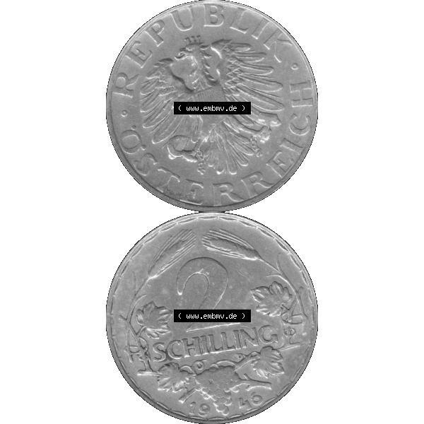 Grau bzw. s/w Alte Münze aus Österreich als PNG-Grafik 1946-1952, 2 Schilling 1946-01 Graustufen. Vorderseite und Rückseite in Graustufen der 2 Schilling Münze vertikal auf einen digitalen... Sammlung Graustufen