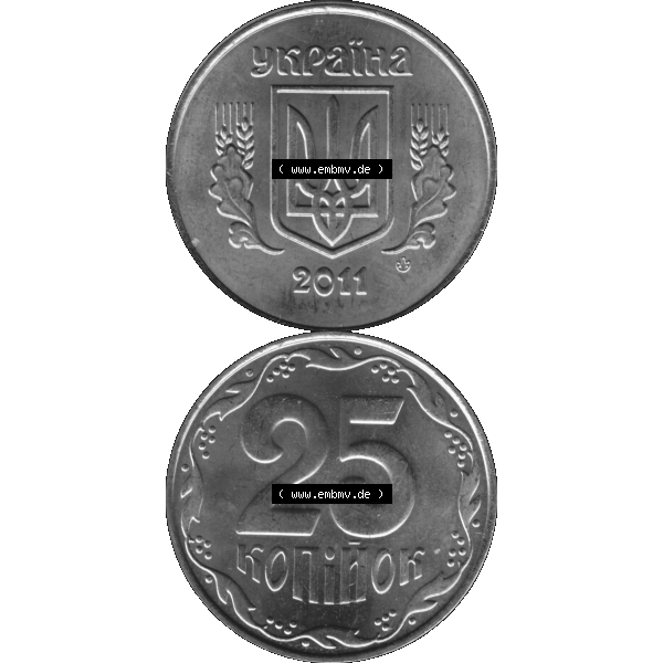 Grau bzw. s/w Alte Münze aus der Ukraine als PNG-Grafik 2001-02 016, 25 Kopeken 2011-01 Graustufen. Vorderseite und Rückseite in Graustufen der ukrainischen Münze, vertikal auf einen... Sammlung Graustufen