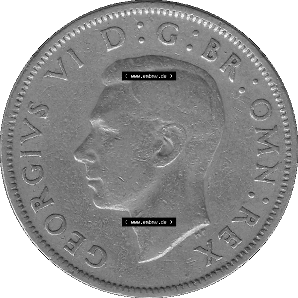 Grau bzw. s/w Alte Münze Großbritannien, Bild in Farbe bzw. Color PNG-Grafik, Umlaufmünze aus dem Zeitraum 1947-1948, 2 Schilling-Florin, Two Shillings, 1948-07,... Sammlung Graustufen