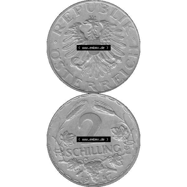 Grau bzw. s/w Alte Münze aus Österreich als PNG-Grafik 1946-1952, 2 Schilling 1947-01. Vorderseite und Rückseite der 2 Schilling Münze vertikal auf einen digitalen Bild der alten österreichischen... Sammlung Graustufen