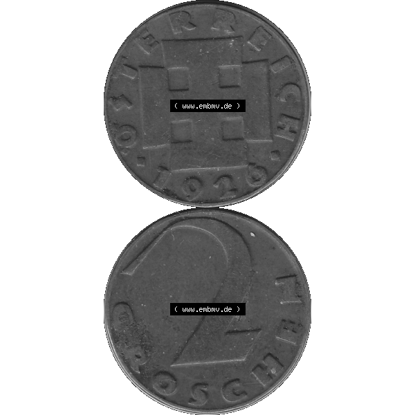 Grau bzw. s/w Alte Münze 2 / Zwei Groschen Österreich in original Farbgebung von Scanner transparenten PNG 1925-1938, 2 Zwei Groschen, Krückenkreuz 1926-04. Vorderseite und Rückseite... Sammlung Graustufen