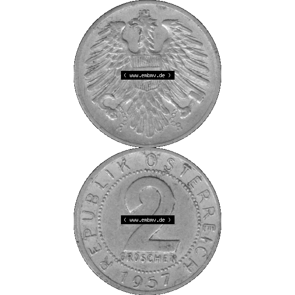 Grau bzw. s/w Alte Münze aus Österreich als PNG-Grafik 1950-1994, 2 Groschen 1957-01 Graustufen. Vorderseite und Rückseite in Graustufen der 2 Groschen Münze vertikal auf einen digitalen... Sammlung Graustufen