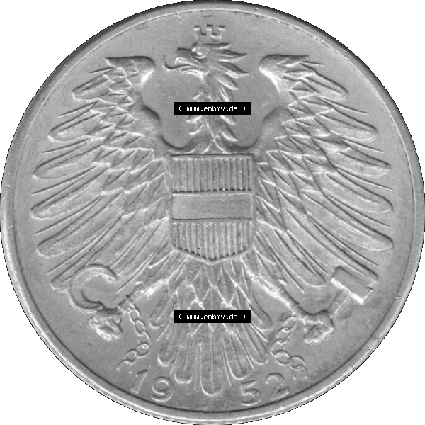 Grau bzw. s/w Alte Münze aus Österreich als PNG-Grafik 1952-1957, 5 Schilling 1952-01. Vorderseite der alten österreichischen 5 Schilling Umlaufmünze aus Österreich, Münze... Sammlung Graustufen