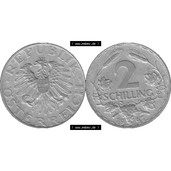 Grau bzw. s/w Alte Münze aus Österreich als PNG-Grafik 1946-1952, 2 Schilling 1947-01 Graustufen. Vorderseite und Rückseite der 2 Schilling Münze vertikal auf einen digitalen Graustufen... Sammlung Graustufen