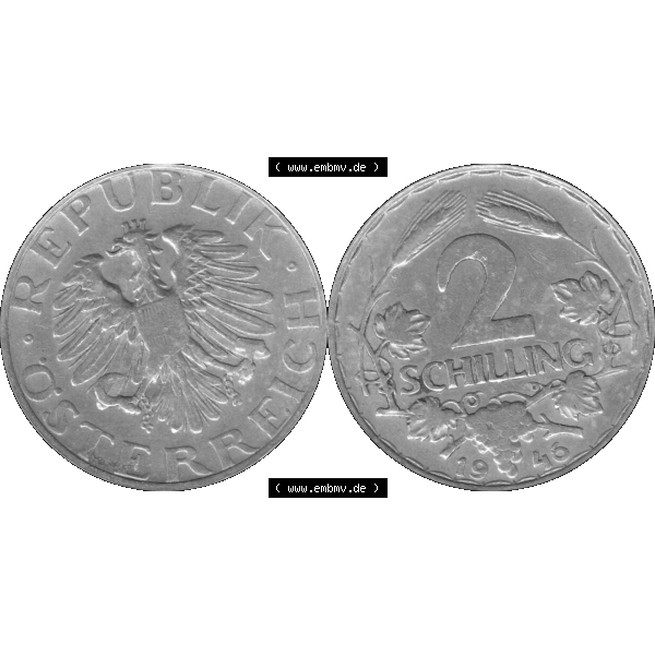 Grau bzw. s/w Alte Münze aus Österreich als PNG-Grafik 1946-1952, 2 Schilling 1946-01 Graustufen. Vorderseite und Rückseite der 2 Schilling Münze vertikal auf einen digitalen Graustufen... Sammlung Graustufen