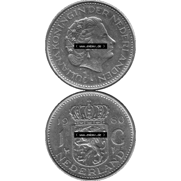 Grau bzw. s/w Alte Münze Niederlande in Grau 1967-1980, 1 Gulden Königin Juliana 1980-01. Graustufen. Vorderseite und Rückseite vertikal auf einen digitalen Bild in grau / Graustufen... Sammlung Graustufen