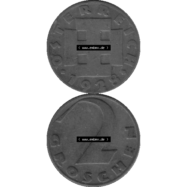 Grau bzw. s/w Alte Münze 2 / Zwei Groschen Österreich in original Farbgebung von Scanner transparenten PNG 1925-1938, 2 Zwei Groschen, Krückenkreuz 1928-03. Vorderseite und Rückseite... Sammlung Graustufen
