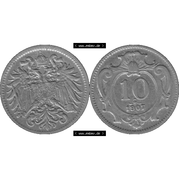 Grau bzw. s/w Alte Münze aus Kaiserreich Österreich als PNG-Grafik 1892-1911, 10 Heller 1907-01 Graustufen. Vorderseite und Rückseite der Kaiserreich 10 Heller-Münze vertikal auf einen... Sammlung Graustufen