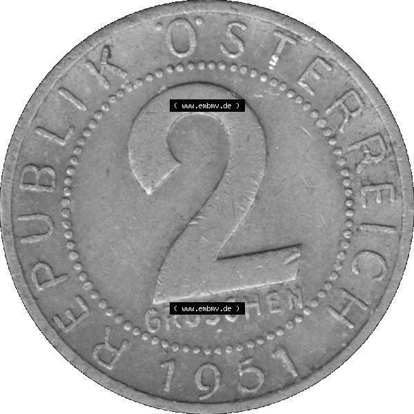 Grau bzw. s/w Alte Münze aus Österreich als PNG-Grafik 1950-1994, 2 Groschen 1951-01. Rückseite der alten 2 Groschen Umlaufmünze aus Österreich, Münze wurde vor dem Euro... Sammlung Graustufen