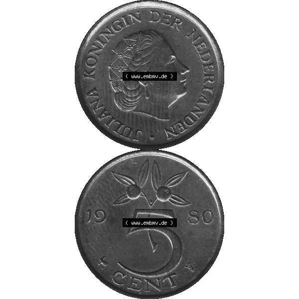 Grau bzw. s/w Alte Münze Niederlande in Grau 1950-1980, 5 Cent Königin Juliana 1980-02 Graustufen. Vorderseite und Rückseite vertikal auf einen digitalen in grau / Graustufen umgewandeltes... Sammlung Graustufen