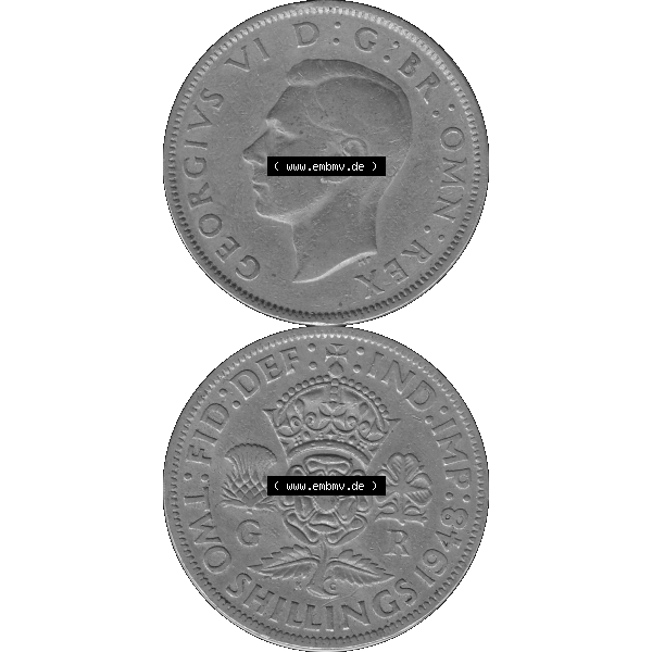 Grau bzw. s/w Alte Münze Großbritannien, Bild in Farbe bzw. Color PNG-Grafik, Umlaufmünze aus dem Zeitraum 1947-1948, 2 Schilling-Florin, Two Shillings, 1948-06,... Sammlung Graustufen