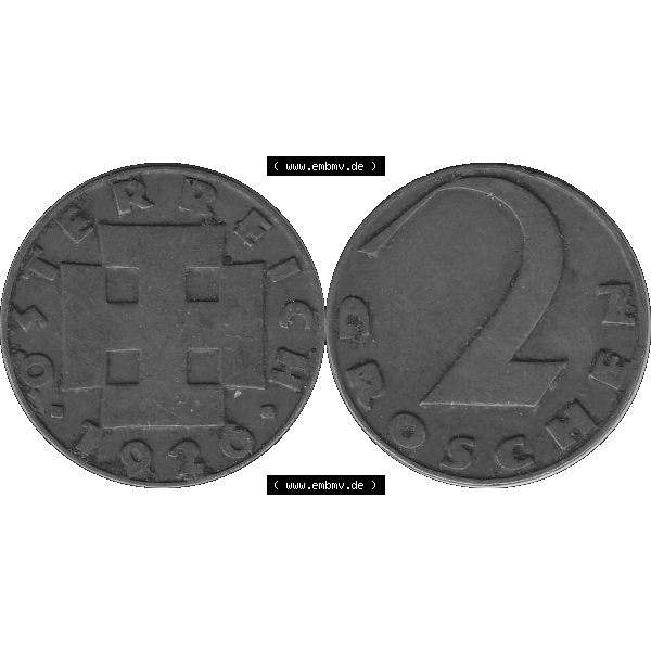 Grau bzw. s/w Alte Münze 2 / Zwei Groschen Österreich in original Farbgebung von Scanner transparenten PNG 1925-1938, 2 Zwei Groschen, Krückenkreuz 1926-05. Vorderseite und Rückseite... Sammlung Graustufen