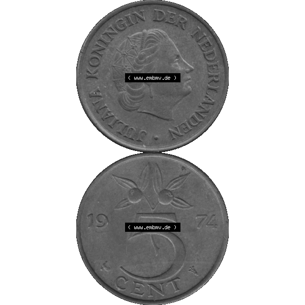 Grau bzw. s/w Alte Münze Niederlande in Grau 1950-1980, 5 Cent Königin Juliana 1974-01 Graustufen. Vorderseite und Rückseite vertikal auf einen digitalen in grau / Graustufen umgewandeltes... Sammlung Graustufen