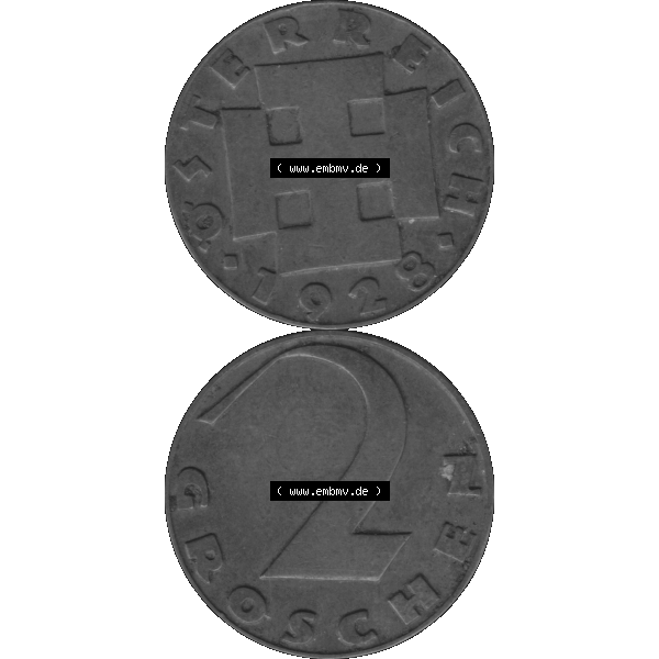 Grau bzw. s/w Alte Münze aus Österreich als PNG-Grafik 1925-1938, 2 Groschen 1928-01 Graustufen. Vorderseite und Rückseite in Graustufen der 2 Groschen Münze vertikal auf einen digitalen... Sammlung Graustufen