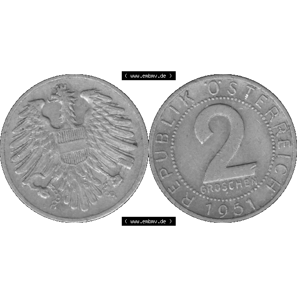 Grau bzw. s/w Alte Münze aus Österreich als PNG-Grafik 1950-1994, 2 Groschen 1951-01. Vorderseite und Rückseite der 2 Groschen Münze horizontal auf einen digitalen Bild der alten österreichischen... Sammlung Graustufen