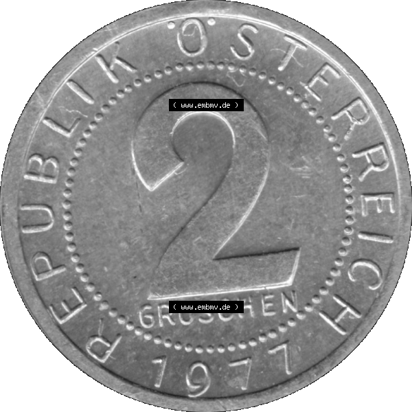Grau bzw. s/w Alte Münze aus Österreich als PNG-Grafik 1950-1994, 2 Groschen 1977-01. Rückseite der alten 2 Groschen Umlaufmünze aus Österreich, Münze wurde vor dem Euro... Sammlung Graustufen