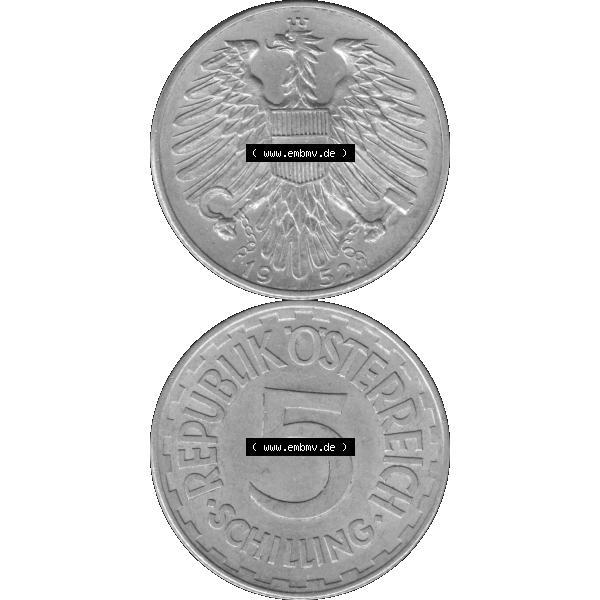 Grau bzw. s/w Alte Münze aus Österreich als PNG-Grafik 1952-1957, 5 Schilling 1952-01 Graustufen. Vorderseite und Rückseite in Graustufen der 5 Schilling Münze vertikal auf einen digitalen... Sammlung Graustufen