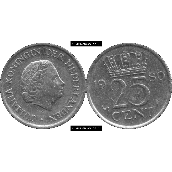 Grau bzw. s/w Alte Münze Niederlande in Grau 1950-1980, 25 Cent Königin Juliana 1980-01 Graustufen. Vorderseite und Rückseite horizontal auf einen digitalen grauen / Graustufen Bild der... Sammlung Graustufen