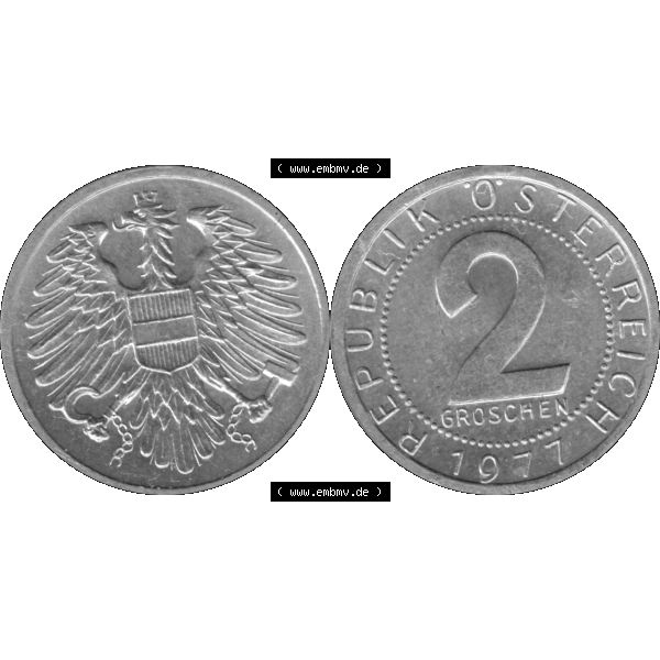 Grau bzw. s/w Alte Münze aus Österreich als PNG-Grafik 1950-1994, 2 Groschen 1977-01 Graustufen. Vorderseite und Rückseite der 2 Groschen Münze vertikal auf einen digitalen Graustufen... Sammlung Graustufen