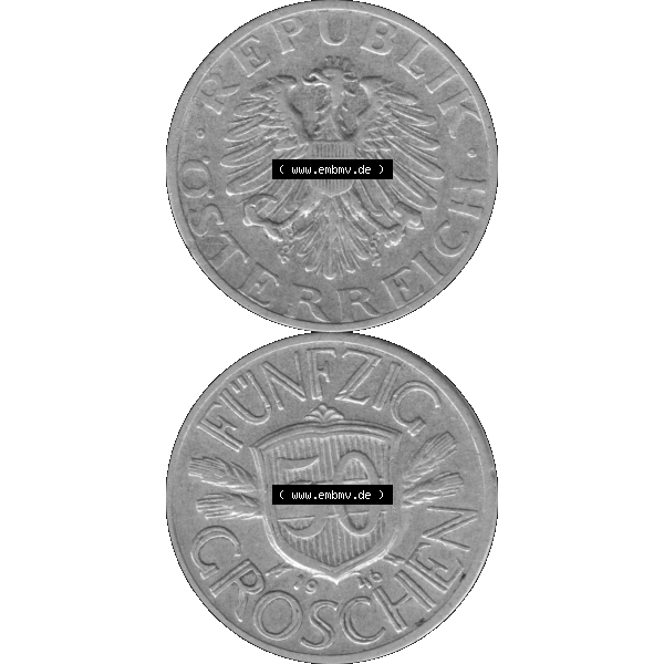 Grau bzw. s/w Alte Münze aus Österreich als PNG-Grafik 1946-1955, 50 Groschen 1946-01. Vorderseite und Rückseite der 50 Groschen Münze vertikal auf einen digitalen Bild der alten österreichischen... Sammlung Graustufen