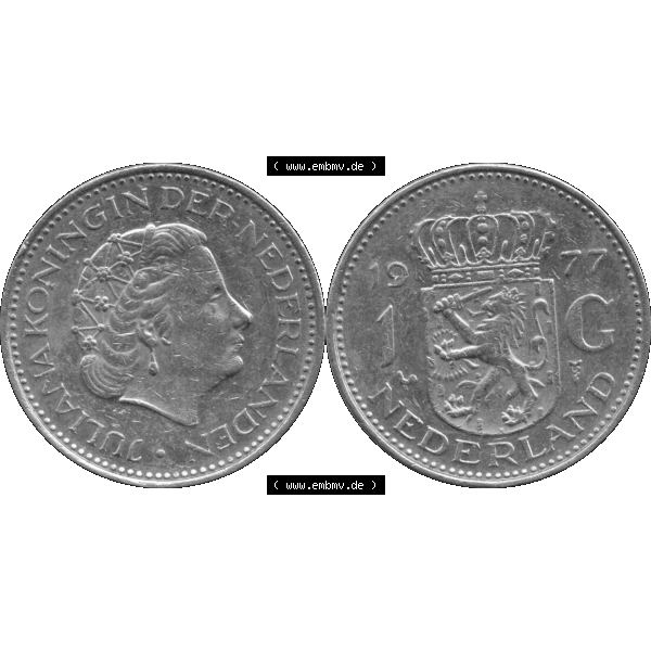 Grau bzw. s/w Alte Münze Niederlande in Grau 1967-1980, 1 Gulden Königin Juliana 1977-01. Graustufen. Vorderseite und Rückseite horizontal auf einen digitalen grauen / Graustufen... Sammlung Graustufen