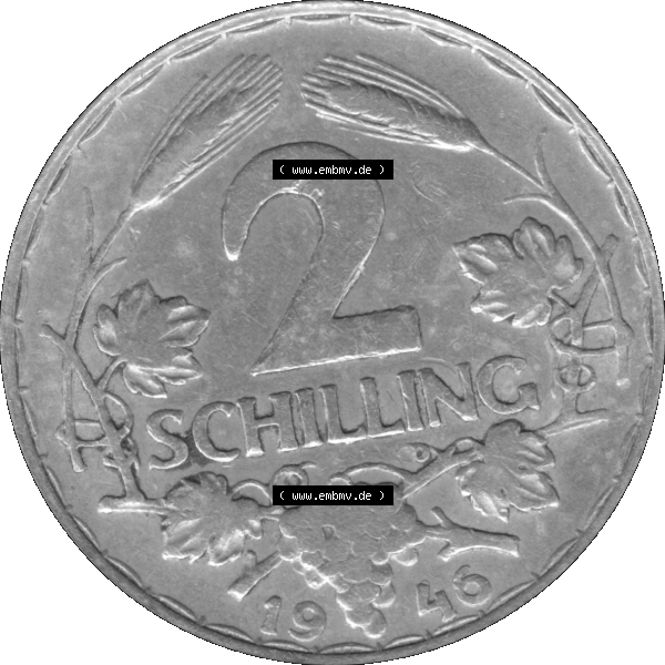 Grau bzw. s/w Alte Münze aus Österreich als PNG-Grafik 1946-1952, 2 Schilling 1946-01. Rückseite der alten 2 Schilling Umlaufmünze aus Österreich, Münze wurde vor dem... Sammlung Graustufen