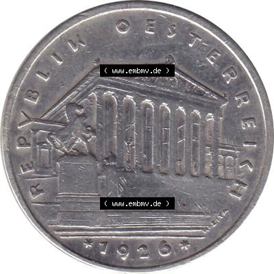 Alte Münzen Österreich 1925-1932, 1 Schilling 1926-01 Silbermünze Parlamentsgebäude in Wien, Bindenschild 6 Gramm 640er Silber. Vorderseite als JPG-Grafik für... Sammlung