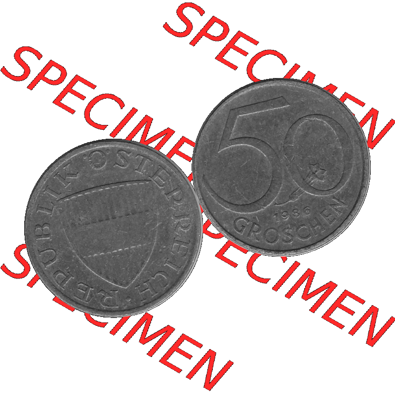 Alte Münze 50 / Fünfzig Groschen Österreich in s/w Schwarzweiß bzw. Graustufen Farbgebung von Scanner transparenten PNG 1959-2001, 50 Groschen 1986-01, Bindenschild... Sammlung