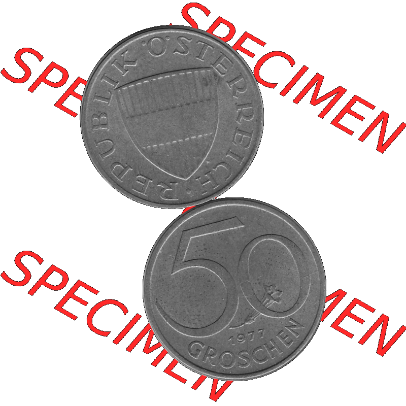 Alte Münze 50 / Fünfzig Groschen Österreich in s/w Schwarzweiß bzw. Graustufen Farbgebung von Scanner transparenten PNG 1959-2001, 50 Groschen 1977-01, Bindenschild... Sammlung