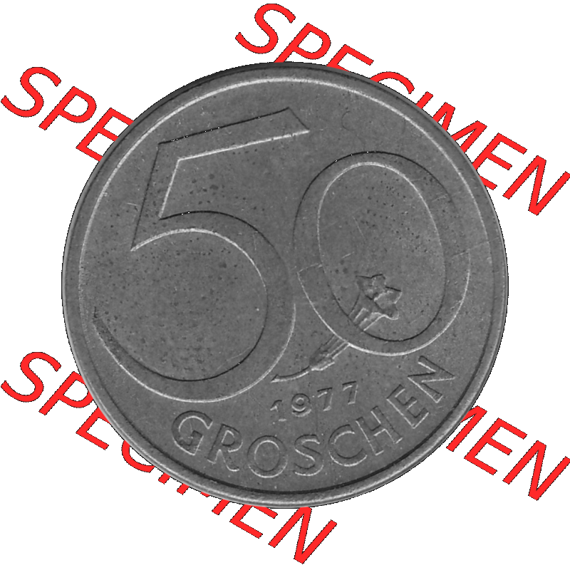 Alte Münze 50 / Fünfzig Groschen Österreich in s/w Schwarzweiß bzw. Graustufen Farbgebung von Scanner transparenten PNG 1959-2001, 50 Groschen 1977-01, Bindenschild... Sammlung