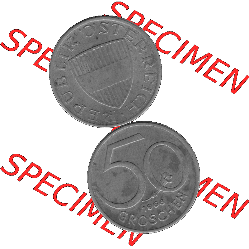 Alte Münze 50 / Fünfzig Groschen Österreich in s/w Schwarzweiß bzw. Graustufen Farbgebung von Scanner transparenten PNG 1959-2001, 50 Groschen 1966-01, Bindenschild... Sammlung