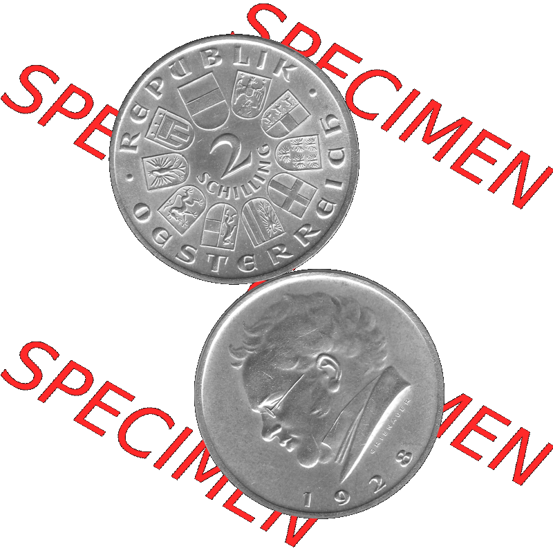 Alte Münze Österreich 1928-1928, 2 Schilling 1928-01, Silbermünze Franz Schubert Graustufen. Vorderseite und Rückseite in Graustufen der 2 / Zwei Schilling-Münze... Sammlung