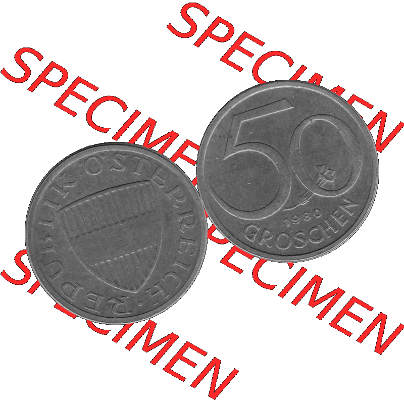 Alte Münze 50 / Fünfzig Groschen Österreich in s/w Schwarzweiß bzw. Graustufen Farbgebung von Scanner transparenten PNG 1959-2001, 50 Groschen 1980-01, VS.... Sammlung