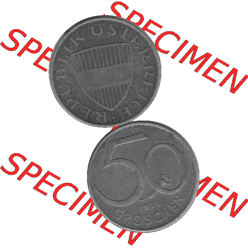 Alte Münze 50 / Fünfzig Groschen Österreich in s/w Schwarzweiß bzw. Graustufen Farbgebung von Scanner transparenten PNG 1959-2001, 50 Groschen 1971-01, Bindenschild... Sammlung
