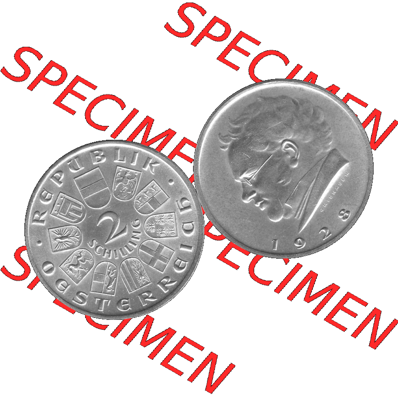 Alte Münze Österreich 1928-1928, 2 Schilling 1928-01, Silbermünze Franz Schubert Graustufen. Vorderseite und Rückseite der Österreich Erste Republik 2 /... Sammlung