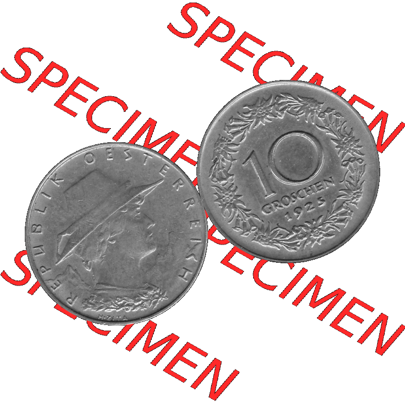 Alte Münze 10 / Zehn Groschen Österreich in s/w Schwarzweiß bzw. Graustufen Farbgebung von Scanner transparenten PNG 1925-1929, 10 Groschen 1925-01, VS Triolerien,... Sammlung