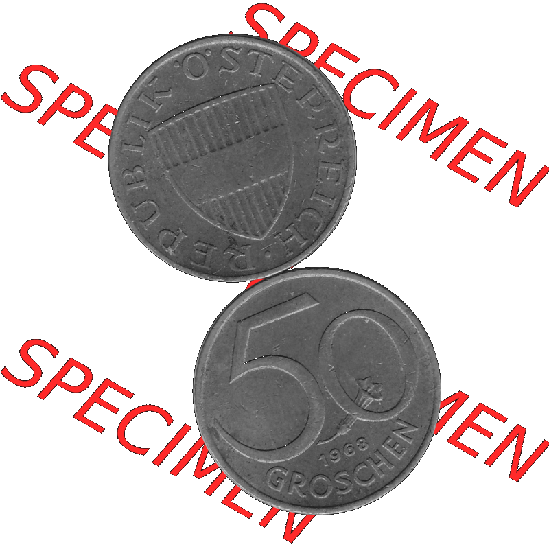Alte Münze 50 / Fünfzig Groschen Österreich in s/w Schwarzweiß bzw. Graustufen Farbgebung von Scanner transparenten PNG 1959-2001, 50 Groschen 1968-01, Bindenschild... Sammlung